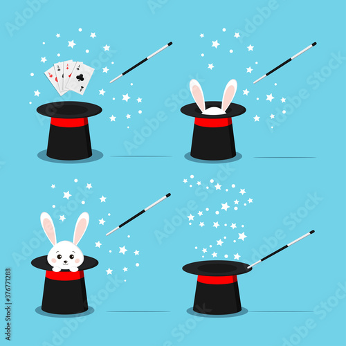 Magician s black hat with sweet white rabbit inside, bunny ears, magic hat with aces four of a kind poker out, magic wand in action and star. Vector flat design isolated illustration in cartoon style.