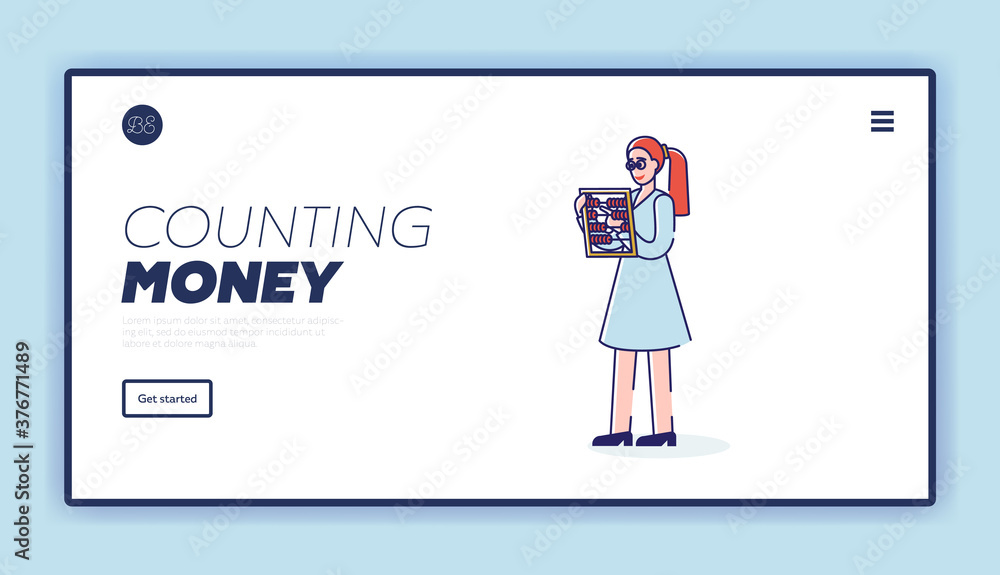 Counting money and profit concept of landing page with woman holding abacus Counting money and profit concept of landing page with woman holding abacus