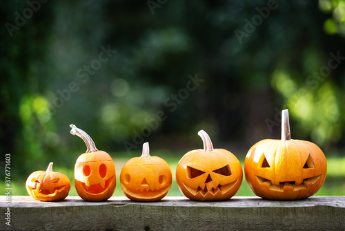 Fotografie Halloween pumpkins or jack-o-lantern at home terrace