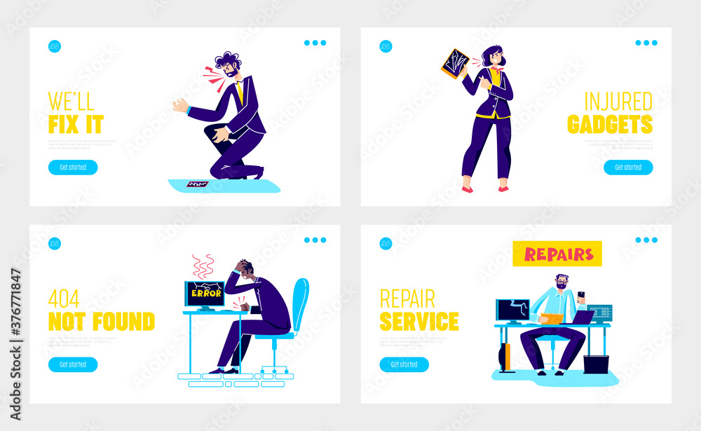 Landing pages for gadget repair and customize service website with broken devices Landing pages for gadget repair and customize service website with broken devices