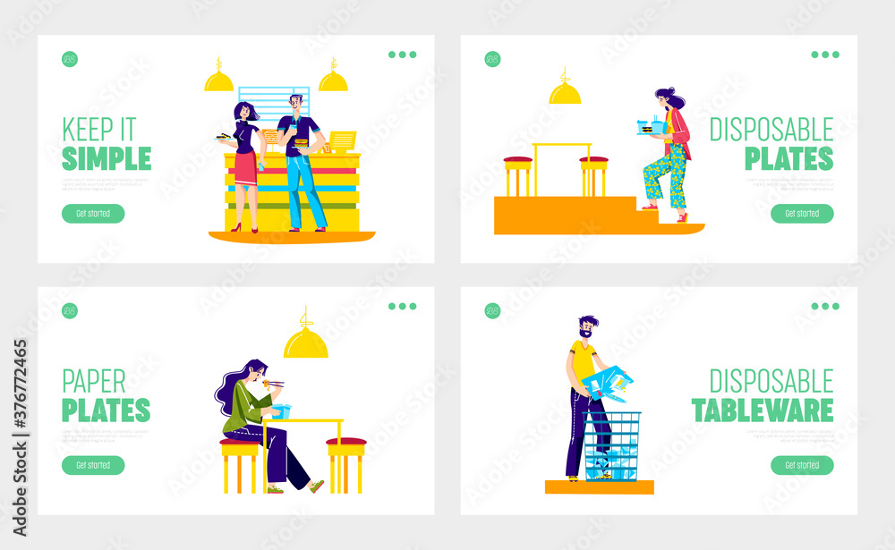 Set of people eating from paper tableware in fast food restaurants. Template landing pages