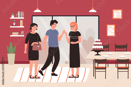 Home party meeting flat vector illustration. Cartoon young people having fun together and meeting, friend characters communicating in home living room interior, friendly visit communication background