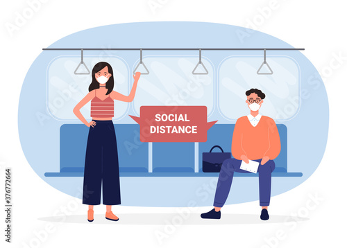 Social distance in public transport infographic vector illustration. Cartoon man woman passenger characters in masks distancing during transportation in subway underground train isolated on white