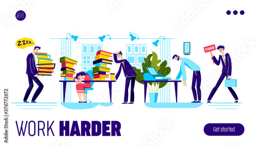 Work harder landing page design with tired overloaded business people team