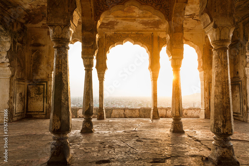 Sunlight through pillars in sun temple, Jaipur, Rajasthan, India