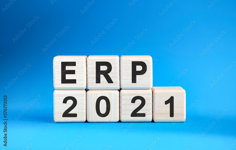ERP 2021 years on wooden cubes on a blue background ERP 2021 years on wooden cubes on a blue background