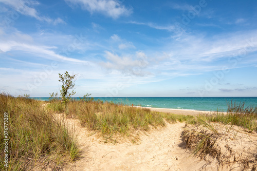 Pathway to Kemil Beach on a beautiful late summer morning.  Indiana Dunes National Park  Indiana  USA