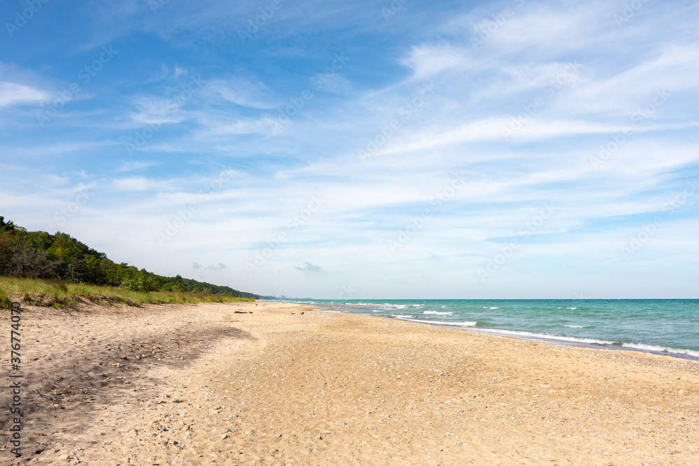 Pathway to Kemil Beach on a beautiful late summer morning. Indiana Dunes National Park, Indiana, USA Pathway to Kemil Beach on a beautiful late summer morning. Indiana Dunes National Park, Indiana, USA