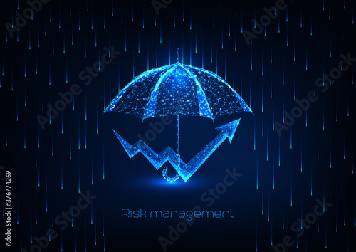 Futuristic risk management concept with glowing low polygonal umbrella and chart arrow