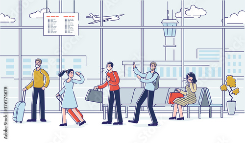 Airport during covid-19 epidemic with people coughing and wearing mask. Epidemic prevention
