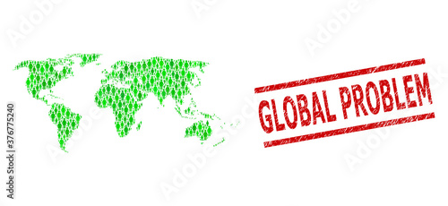 Green dollar and people mosaic map of world and grunge seal. Seal includes GLOBAL PROBLEM caption between parallel lines. Mosaic map of world constructed from green dollars, and people icons.