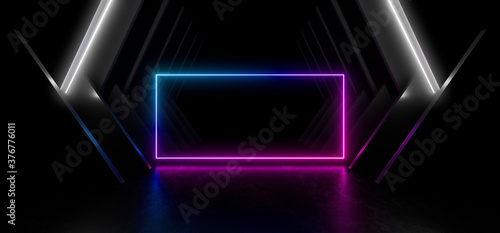 A dark corridor lit by colorful neon lights. Reflections on the floor and walls. 3d rendering image.