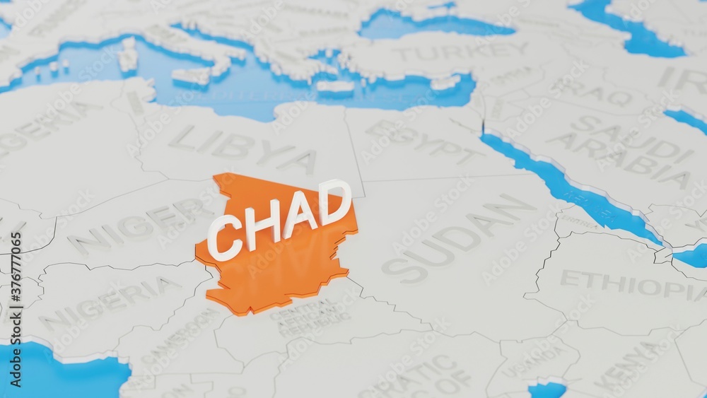 Chad highlighted on a white simplified 3D world map. Digital 3D render. Chad highlighted on a white simplified 3D world map. Digital 3D render.