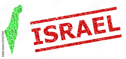 Green dollar and people mosaic map of Israel and dirty stamp. Stamp includes ISRAEL tag between parallel lines. Mosaic map of Israel designed from green dollars, and businessman symbols.