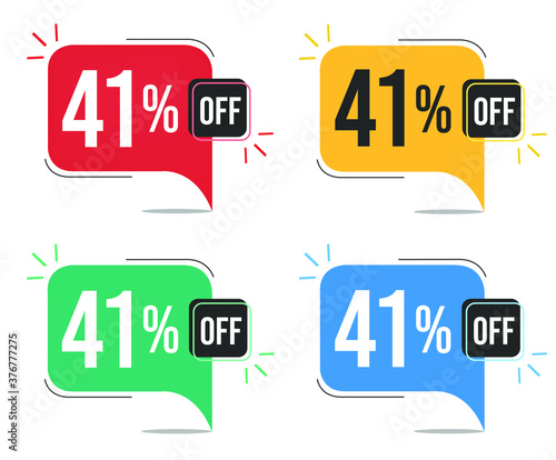 41% off. Red, yellow, green and blue tags with forty-one percent discount. Banner with four colorful balloons with special offers vector.