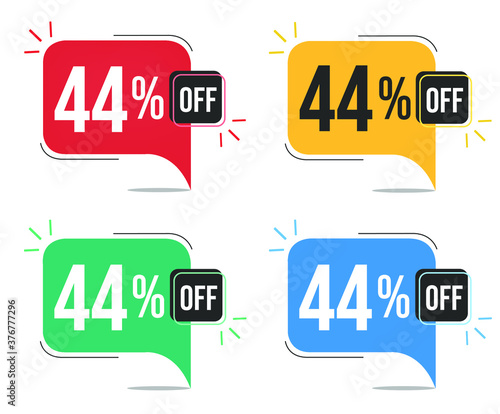 44% off. Red, yellow, green and blue tags with forty-four percent discount. Banner with four colorful balloons with special offers vector.
