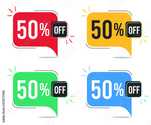 50% off. Red, yellow, green and blue tags with fifty percent discount. Banner with four colorful balloons with special offers vector.