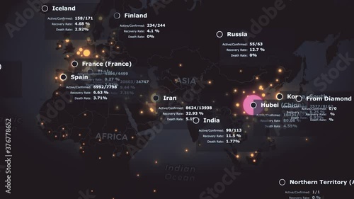 Wallpaper Mural World map of spreading coronavirus COVID 19 pandemic with country statistics and warning in pink color. 3d rendering animation concept background in 4K. Torontodigital.ca