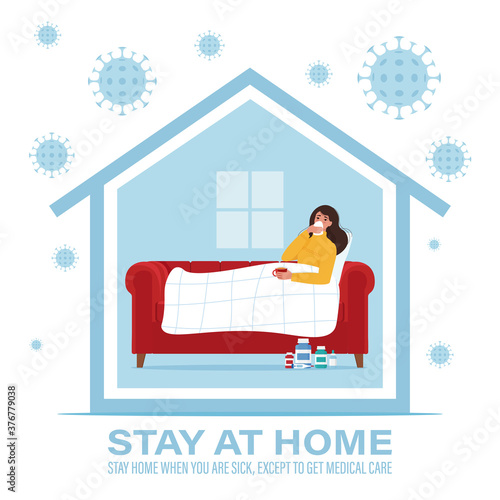 Coronavirus concept. Stay at home during the coronavirus epidemic. Stay home when you are sick. Vector illustration in flat style