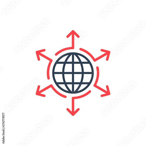 Infographic arrows around globe. Grow expand spread your company idea influence concept elements icon logo. Arrows in different direction. Stock vector illustration isolated on white background.