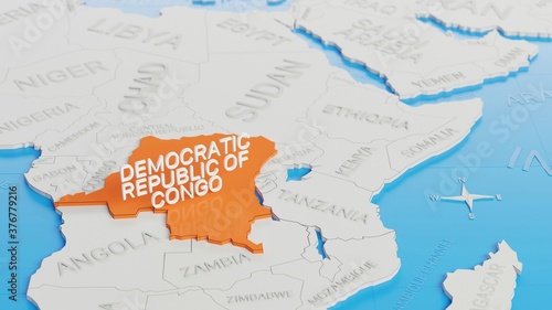 Democratic Republic of Congo highlighted on a white simplified 3D world map. Digital 3D render.