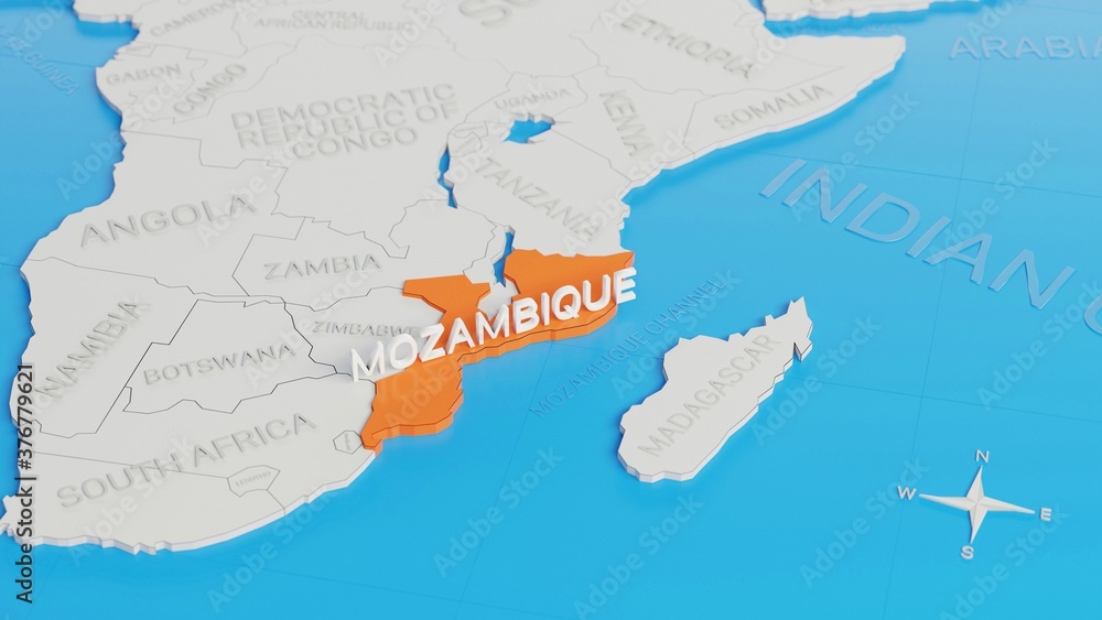 Fototapeta premium Mozambique highlighted on a white simplified 3D world map. Digital 3D render.