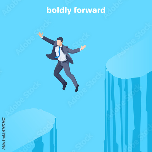 isometric vector illustration on a blue background, a man in a business suit jumps over an abyss, boldly forward