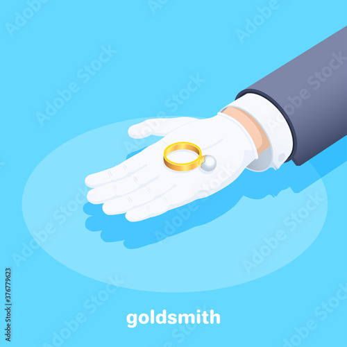 isometric vector illustration on a blue background, a man's hand in a white glove holds a gold ring in his palm, jewelry work