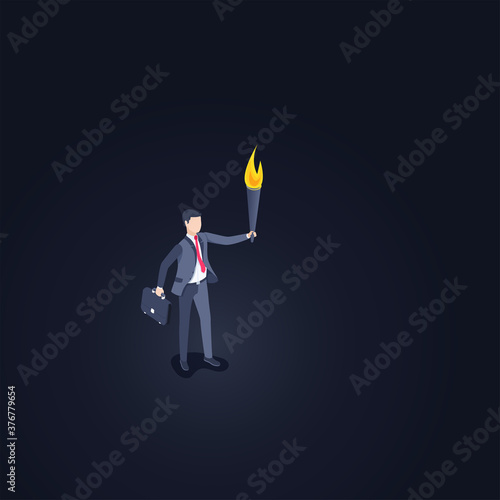isometric vector illustration on a dark background, a man in a business suit with a torch stands in complete darkness