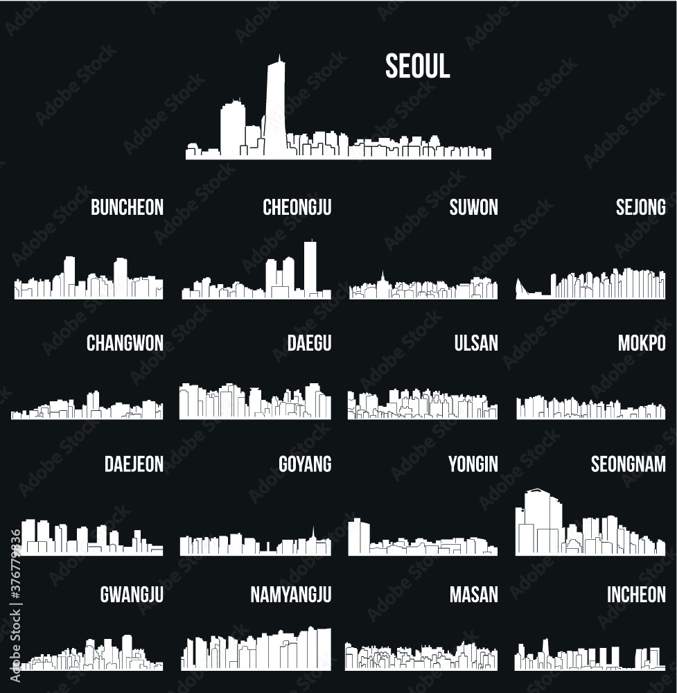 Set of 17 city silhouette in South Korea ( Seoul, Incheon, Ulsan, Goyang, Changwon, Daegu, Suwon, Cheongju, Daejeon, Yongin, Buncheon, Sejong, Mokpo, Masan, Seongnam, Gwangju, Namyangju )