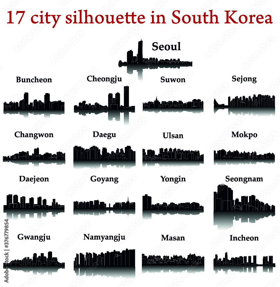 Set of 17 city silhouette in South Korea ( Seoul, Incheon, Ulsan, Goyang, Changwon, Daegu, Suwon, Cheongju, Daejeon, Yongin, Buncheon, Sejong, Mokpo, Masan, Seongnam, Gwangju, Namyangju )
