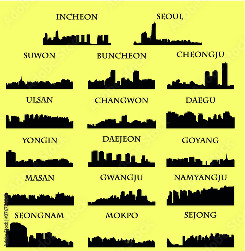 Set of 17 city silhouette in South Korea ( Seoul, Incheon, Ulsan, Goyang, Changwon, Daegu, Suwon, Cheongju, Daejeon, Yongin, Buncheon, Sejong, Mokpo, Masan, Seongnam, Gwangju, Namyangju )