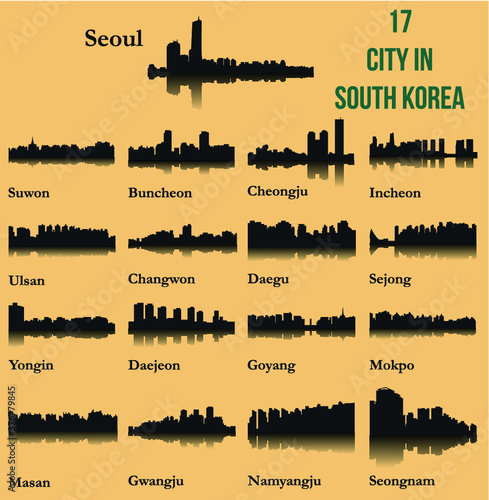 Set of 17 city silhouette in South Korea ( Seoul, Incheon, Ulsan, Goyang, Changwon, Daegu, Suwon, Cheongju, Daejeon, Yongin, Buncheon, Sejong, Mokpo, Masan, Seongnam, Gwangju, Namyangju )
