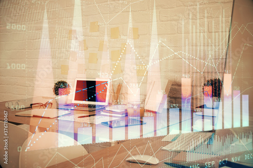 Multi exposure of stock market chart drawing and office interior background. Concept of financial analysis.