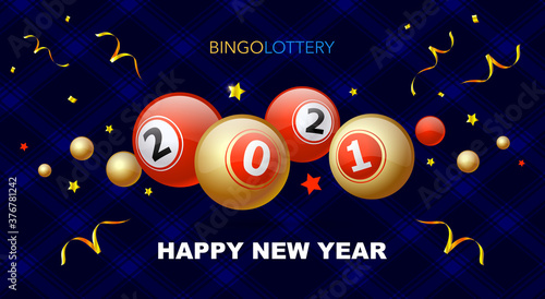 gold and red billiard balls with numbers 2021 on a blue background. Holiday concept and text Happy New Year. Vector illustration