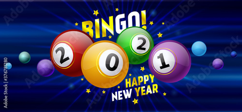 Bingo! billiard balls with numbers 2021 on a blue background. Holiday concept and text Happy New Year. Vector illustration