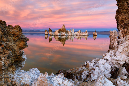 Scenic view of tufa in Mono Lake during sunset