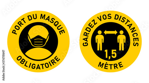 Set of Circular Sticker Signs against Coronavirus in French "Port Du Masque Obligatoire" (Face Masks Required) and "Gardez Vos Distances 1,5 Metre" (Keep Your Distance 1,5 Meters). Vector Image.