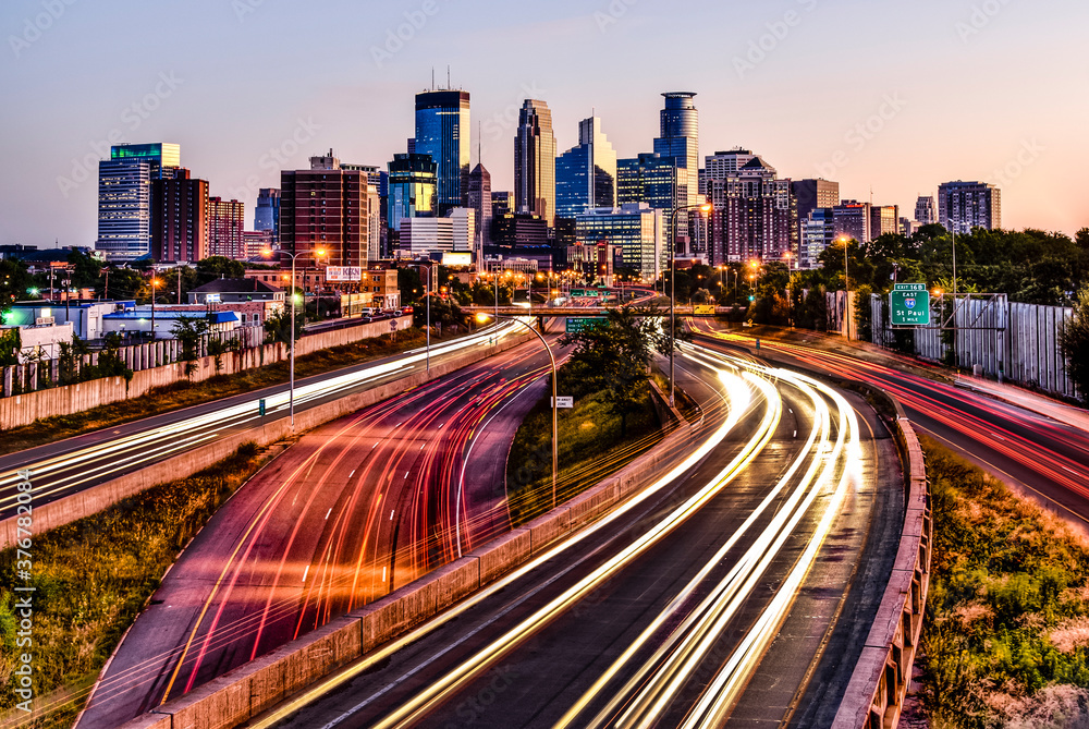 View of Minneapolis skyline during sunrise View of Minneapolis skyline during sunrise