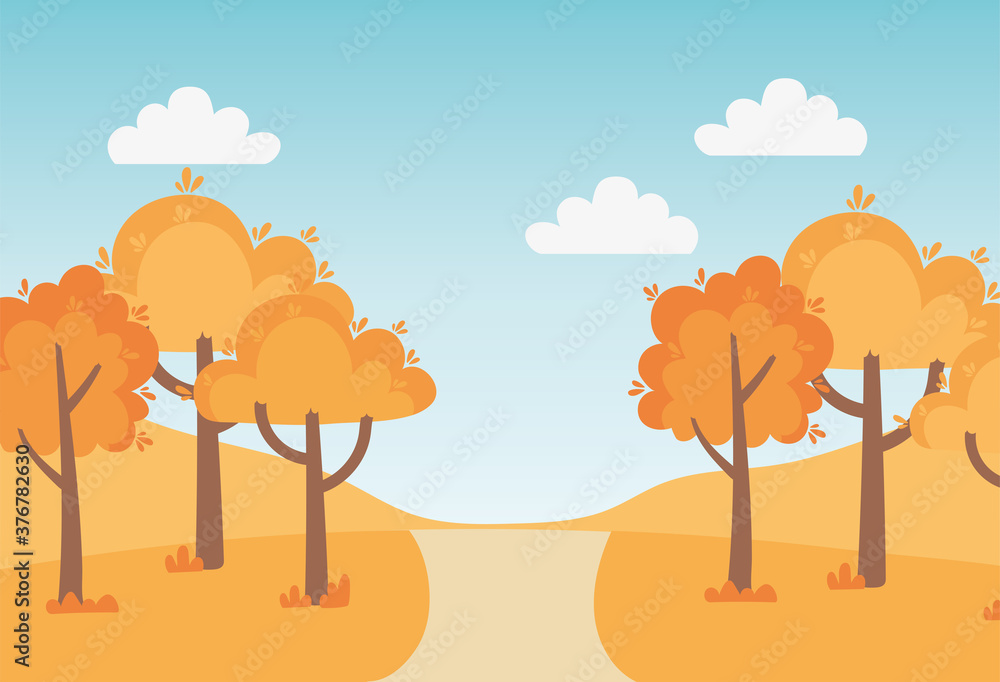 landscape in autumn nature scene, park trees path grass countryside - obrazy, fototapety, plakaty 