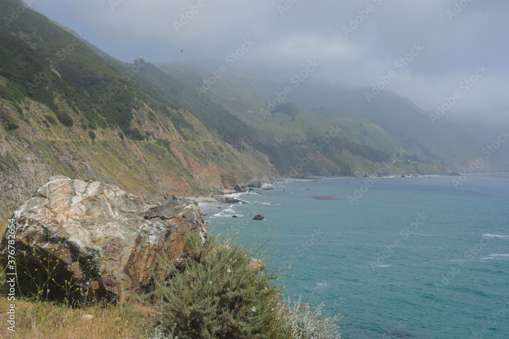 Misty Big Sur dirve coastline, Its early spring, March 2020, wildflowers are in bloom, misty or foggy nights and days  are common, adds to the beauty and mystery of majestic central California coast.