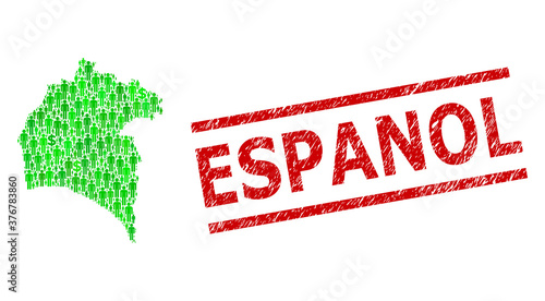 Green dollar and people mosaic map of Huelva Province and rubber seal stamp. Stamp seal includes ESPANOL caption between parallel lines. Mosaic map of Huelva Province constructed from green dollars,