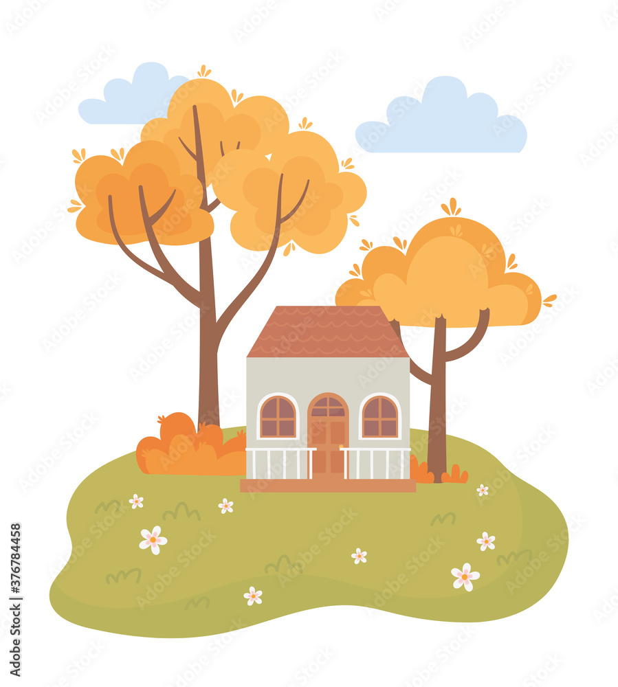 landscape in autumn nature scene, cottage countryside trees flowers bushes