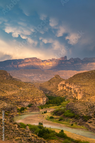 View of Rio Grande and Sierra del Carmen during sunset photo