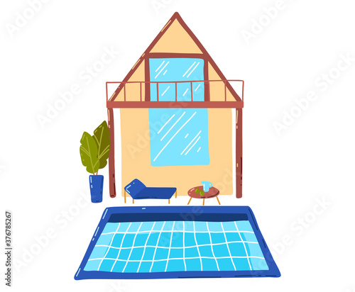 Tropical beach house, active, hot summer vacation, seaside hut, design cartoon style vector illustration, isolated on white. Green palm tree near cottage, rest on island, cozy wooden bungalow building