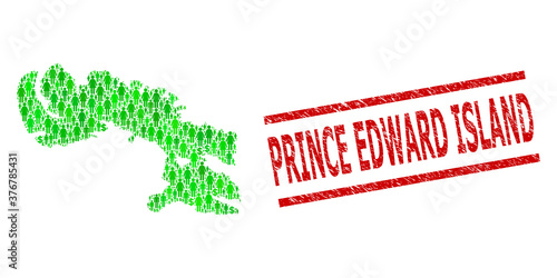 Green dollar and clients mosaic map of Baffin Island and textured seal stamp. Stamp seal includes PRINCE EDWARD ISLAND text between parallel lines.