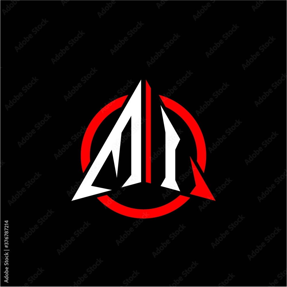 initial logo arrow M I White color with red ring isolated on black background initial logo arrow M I White color with red ring isolated on black background