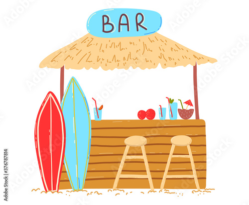 Wooden beach holiday home, lettering bar on bungalow, cocktails and refreshing drinks, design cartoon style vector illustration, isolated on white. Surfboards on ocean near hut, sunny tropics island.