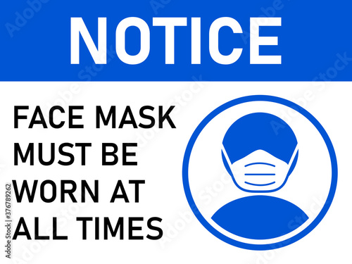 Notice Face Mask Must Be Worn at All Times Horizontal Warning Poster Sign against the Spread of Coronavirus with an Aspect Ratio of 4:3. Vector Image.