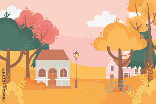 landscape in autumn nature scene, houses bicycle lamp post trees forest meadow